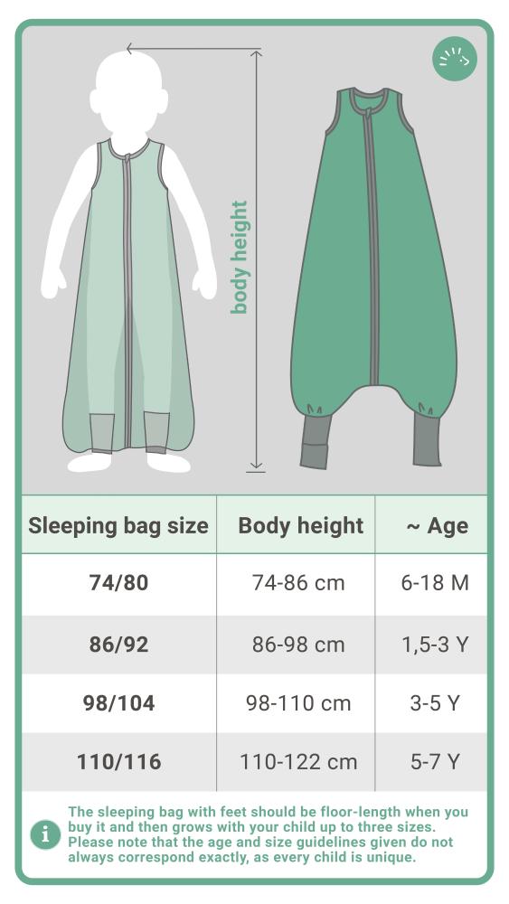 The sleeping bag with feet should be floor-length when purchased and will then grow up to three sizes